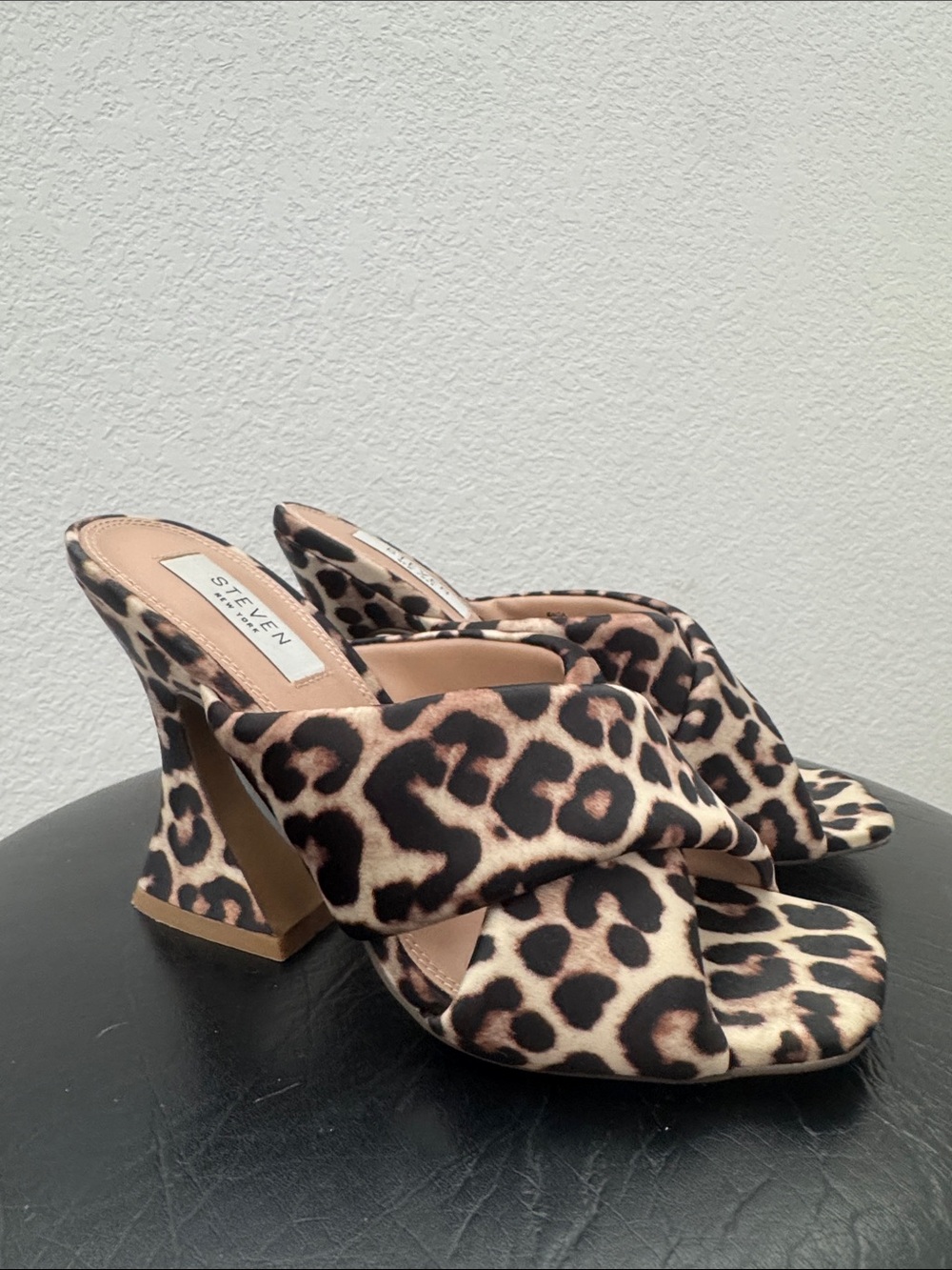 Steve Madden Leopard Print Crossover Block Heel Mules - Black & Brown